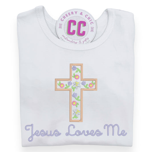 Jesus Loves Me Embroidered Floral Cross Shirt