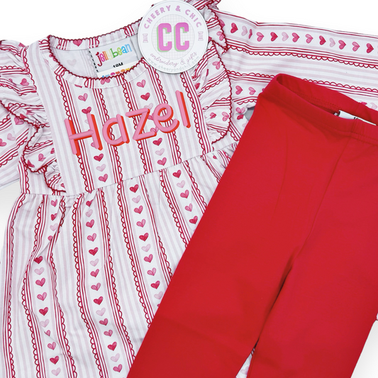 Girls' Red Hearts Ruffle Top Pants Set with Monogram