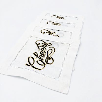 Cheers Embroidered Linen Cocktail Napkins