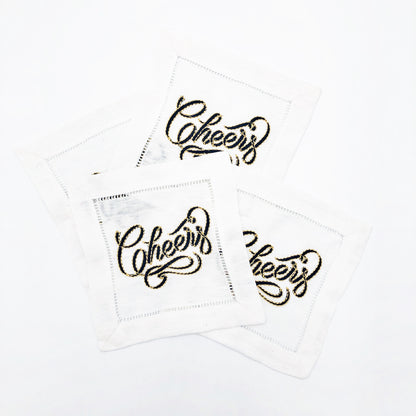 Cheers Embroidered Linen Cocktail Napkins